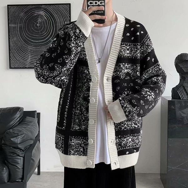 

men's sweaters men sweater 2021 japanese style cardigan winter classic cashew flowers coat fashion loose harajuku knitted outerwear, White;black