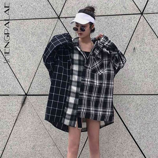 

spliced plaid blouse women's summer laple large size single breasted long sleeve shirt female fashion 5e135 210427, White
