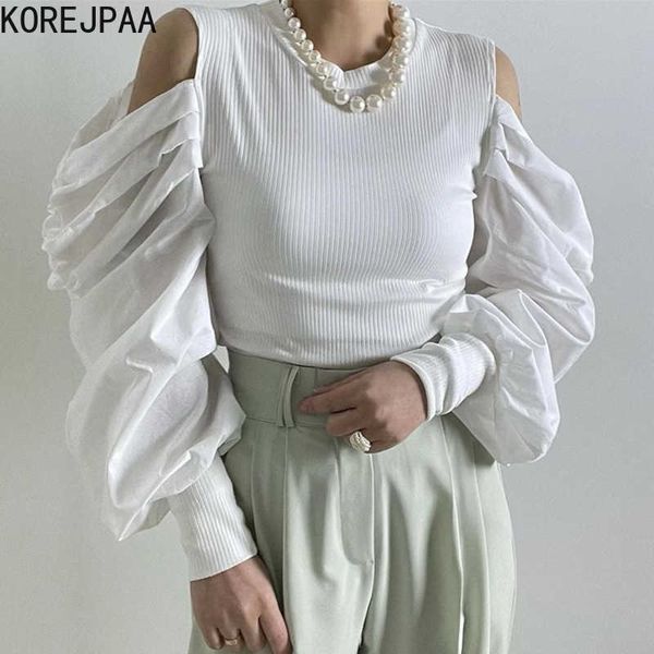 Korejpaa Frauen Pullover Sommer Koreanischen Stil Rundhals Undichte Schultern Rüschen Puff Ärmeln Nähte Stricken Pullover 210526