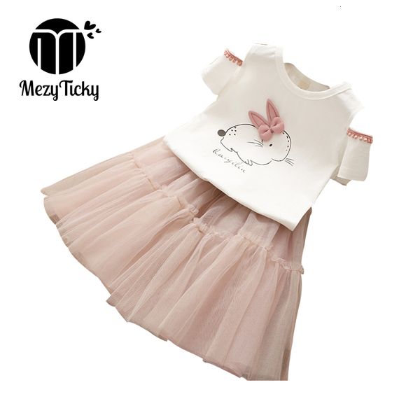 

sets baby girls rabbit cartoon shoulder t-shirt clothes kids + lace pleated 2pcs children fashion tutu skirt clothing c0225, White