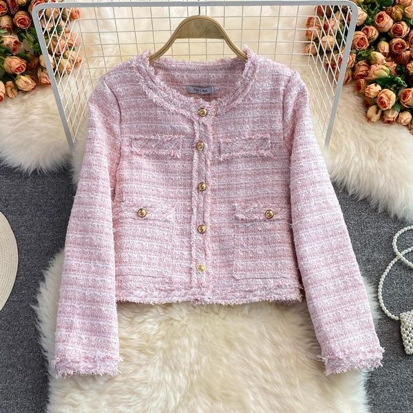 

women's jackets sweet ladies autumn woven tweed jacket winter women vintage pink white suit long sleeve single-breasted short plaid coa, Black;brown