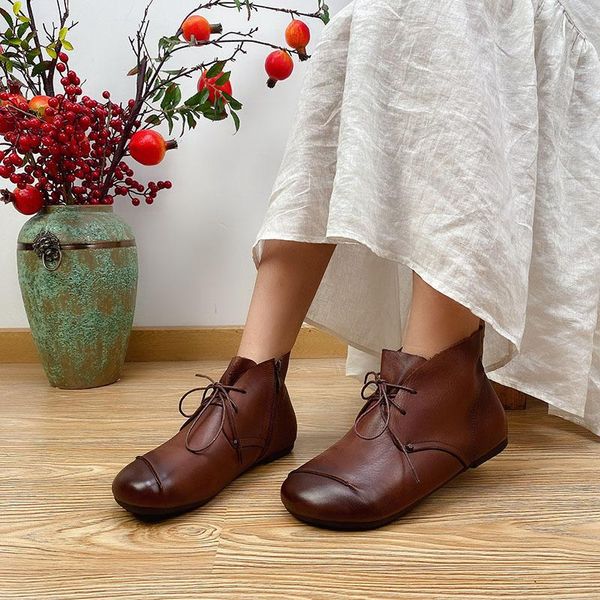 

boots yourseason 2021 ladies winter platform round toe flat with sewing handmade ankle female genuine leather vintage shoes, Black