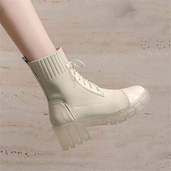 

boots pxelena 2021 transparent chunky heel socks patent leather+knitting stretch ankle autumn winter shoes plus size 34-43, Black