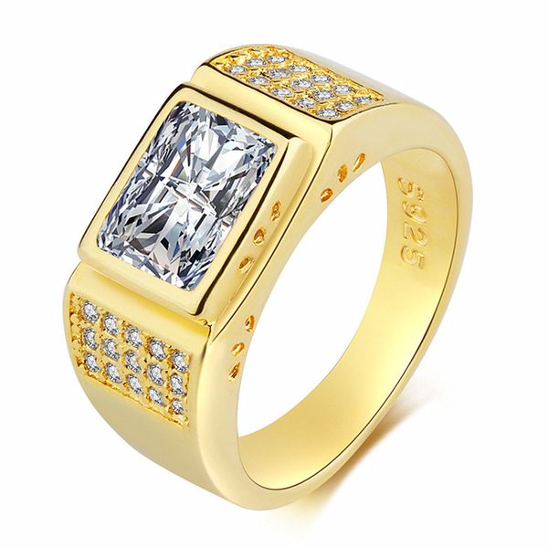 

big square zircon diamonds gemstones masculine rings for men 18k gold color not fade bague jewelry wedding bands accessories, Slivery;golden