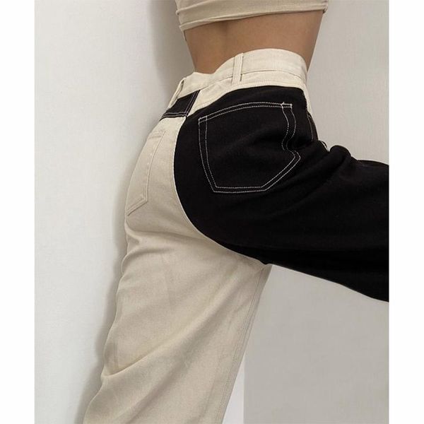 

women's jeans woman pants black white stitching straight autumn winter high waist baggy pantalones vaqueros mujer, Blue