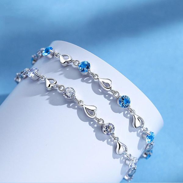 

charm bracelets luxury female blue white zircon bracelet silver color heart for women cute round crystal stone chain, Golden;silver