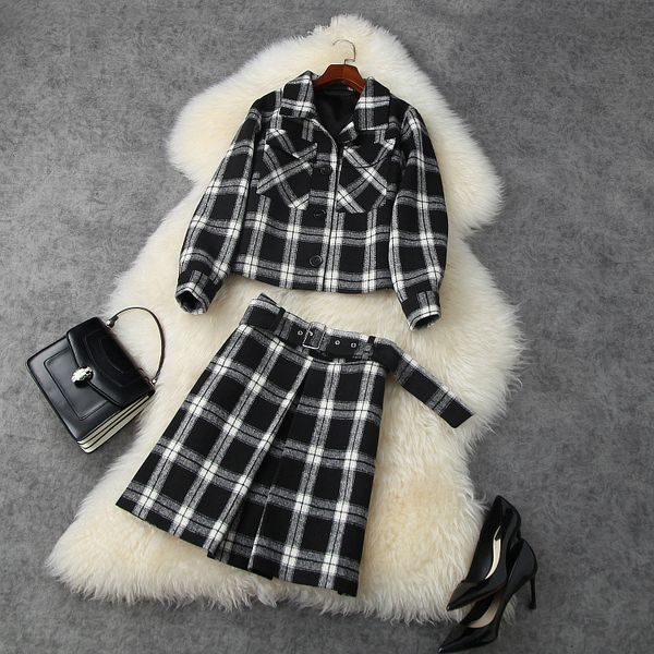 

dress european and american women's wear winter style long-sleeved lapel jacket waist skirt fashionable tweed plaid suit ee4k, White