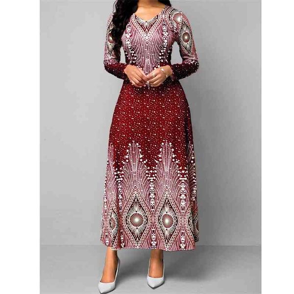 

v-neck printed long sleeve maxi dress for spring and autumn women, Black;gray