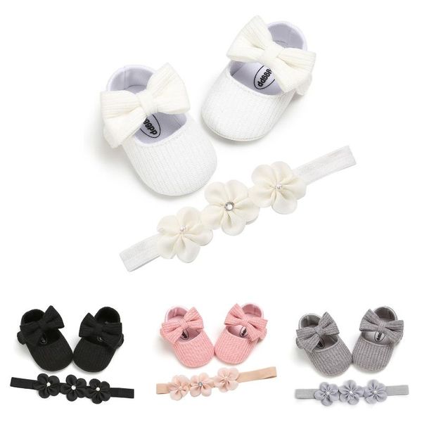 

spring 0-18m baby girl bow crib shoes+pearl flowers headband princess set buckle strap toddler infant footwear 4 colors first walkers