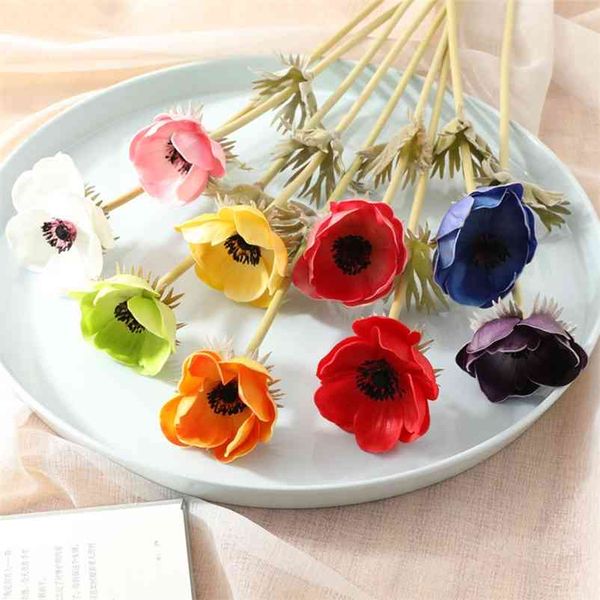 6PCS Künstliche Anemonen Blumen Real Touch Mohn Zweige für Hochzeit Home Dekoration Gefälschte Blume Herbst Dekorationen 210706