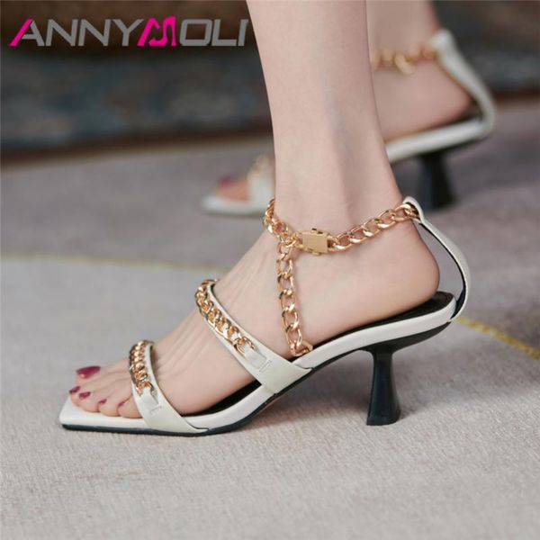 

dress shoes annymoli genuine leather women high heels strange style chain sandals ankle strap buckle ladies footwear summer beige 41, Black