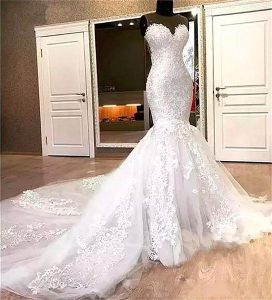 

fashion tulle mermaid wedding dress charming lace applique long sweep train sweetheart bridal dresses for women vestido de noiva gowns, White