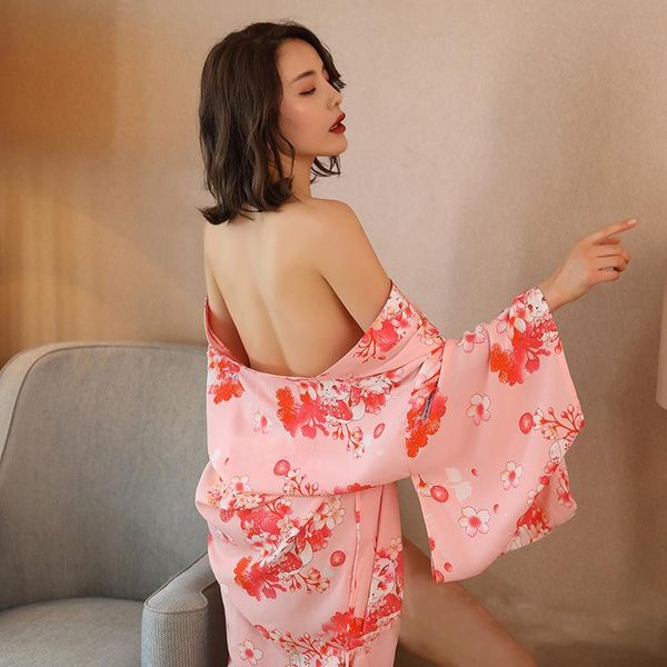 

ethnic clothing homewear women's printed japanese kimono pajamas temptation night skirt waist thin elegant fashion bathrobe 2021, Red