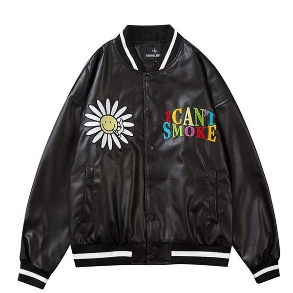 

men's jackets men pu leather patchwork bomber jacket daisy embroidery letter spring and autumn college style baseball 2021, Black;brown