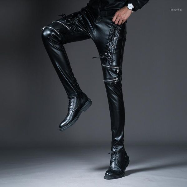 

personalized men's leather pants youth trending locomotive slim feet pu, Black
