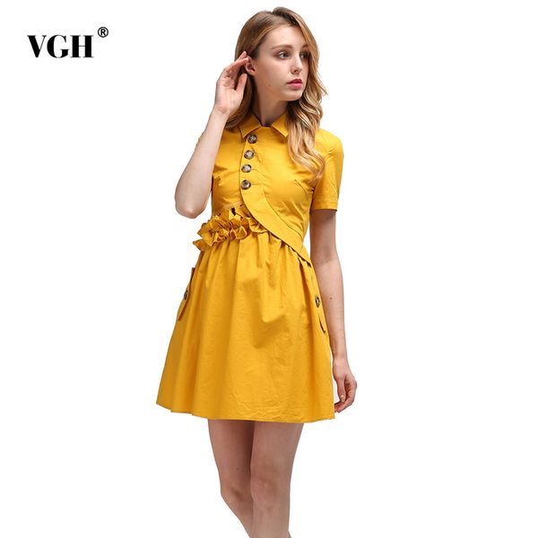 

vgh hollow out patchwork ruffle dress for female lapel short sleeve high waist elegant dresses female fashion clothes summer 210421, Black;gray
