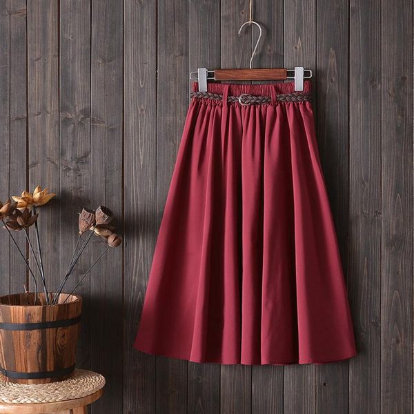 

skirts korean ladies high waist pleated a-line school skirt female midi knee length summer women with belt, Black