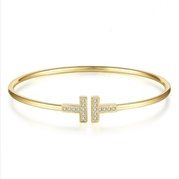 

hand catenary simple design double t t-shaped zircon inlaid open fashion rose gold bracelet, Golden;silver