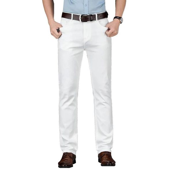 

spring men white jeans fashion casual classic style slim fit soft trousers male brand advanced stretch pants men's, Blue