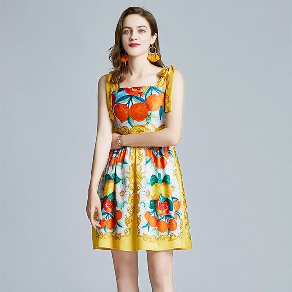 

women summer printted short dress ladies cherry fruit flower print bandage bow mini spaghetti strap seaside vacation casual dresses, Black;gray