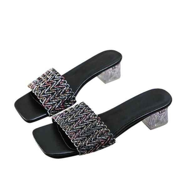 

square toe slippers summer women transparent heel sequin middle shoes flip flop bohemia beach #lr3, Black