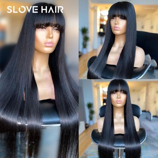 

150% long straight bangs wig 13x4 lace front human hair wigs for women natural plucked remy brazilian bleached slove1, Black;brown