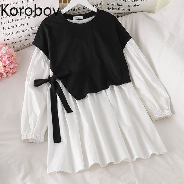 

korobov 2021 new vintage fake 2 pieces women dress korean sweet lacing bow elegant dresses preppy style patchwork vestidos, Black;gray