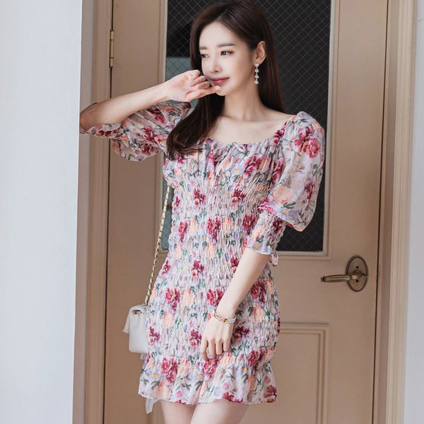 

dresses korean style square collar sleeve chiffon women floral print slim waist vintage es fashion summer pleated, Black;gray