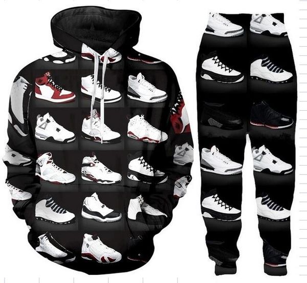 2022 Yeni Erkek / Bayan Klasik Ayakkabı Komik 3D Baskı Moda Eşofman Crewneck Hip Hop Sweatshirt ve Pantolon 2 Adet Set Hoodies HY011