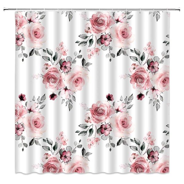 

watercolor rose floral shower curtain decor fresh pink flowers gray leaves hand painted theme spring plants fabric bath curtains