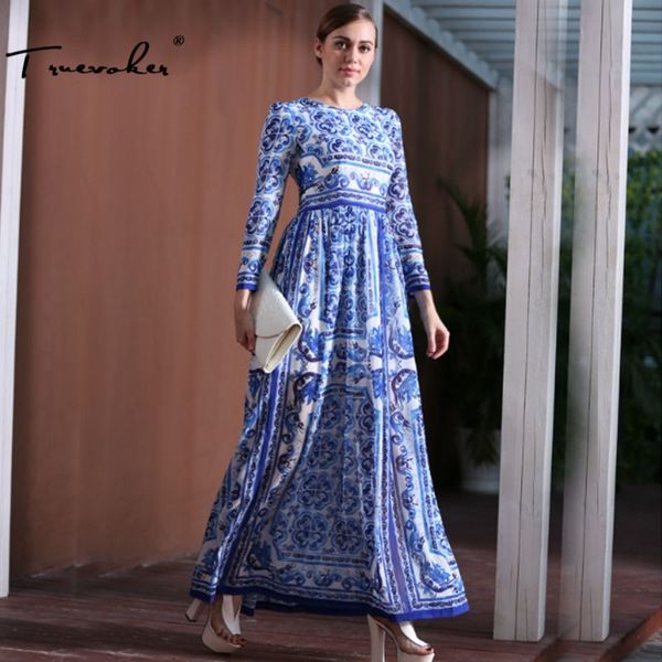 

truevoker designer maxi dres's long sleeve vintage blue and white porcelain printed 2 length 210602, Black;gray