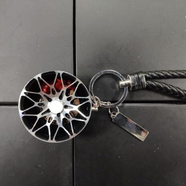 

keychains luxury aluminium alloy car metal wheel hub leather rope 360 rotate disc brake pendant key ring holder llaveros, Silver