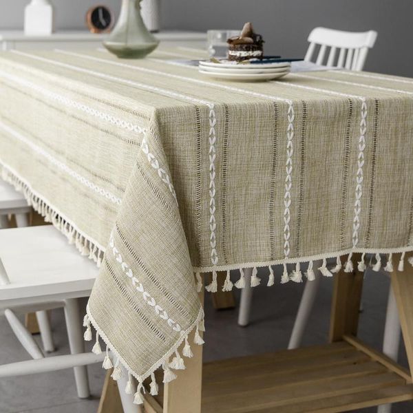 

table cloth nordic tablecloth green hollow embroidered jacquard striped rectangle cotton linen dining cover decor