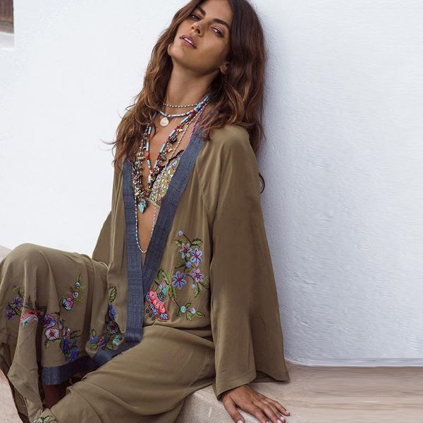 

women's swimwear cotton flowers embroidery beach kimono holiday army green vintage cover-ups long sleeve autumn summer 2021 outer cover, White;black
