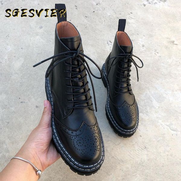 

boots genuine leather women hollow out flowers brogues platformed street marteens biker botas mujer winter, Black