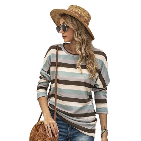 

women's t-shirt cinessd women striped print tshirt knitted o neck long sleeves pullover casual tee blue plus size autumn winter shirts, White