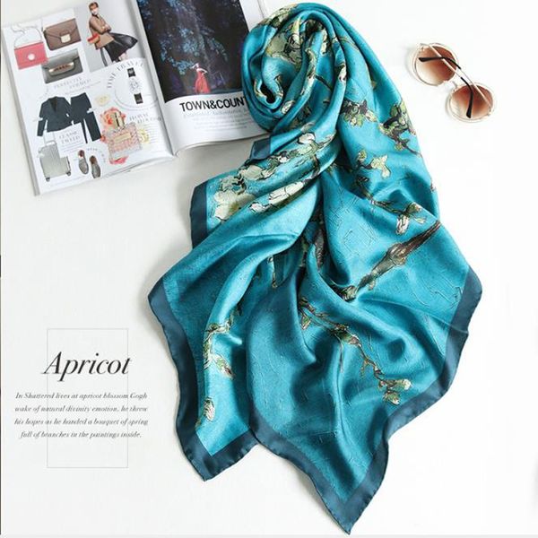 

2020 new women 100% pure silk scarf designer van gogh oil painting tree silk shawls pashmina ladies wraps scarves foulard hot, Blue;gray