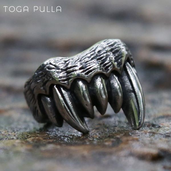 

cluster rings personalized animal teeth mens motorcycle biker cool 316l stainless steel punk gothic devil male jewelry gift, Golden;silver