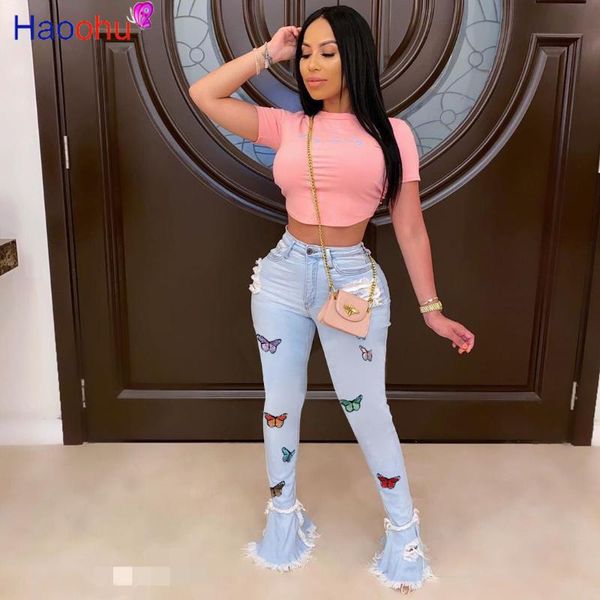 

waist jeans women flare butterfly print skinny ripped pants bell bottom leggings overalls trousers women's, Blue