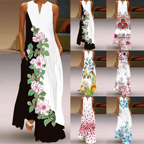 

summer sundress casual long with womens dresses striped floral print sleeveless maxi plus size, Black;gray