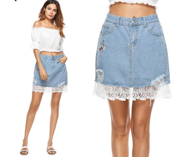 

skirts lace mesh women mini denim solid ladies jean skirt hollow-out short, Black