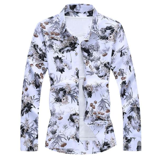 

men's casual shirts fashions autumn spring clothes shirt long sleeves big size -5xl 6xl 7xl hawaiian beach floral for man, White;black