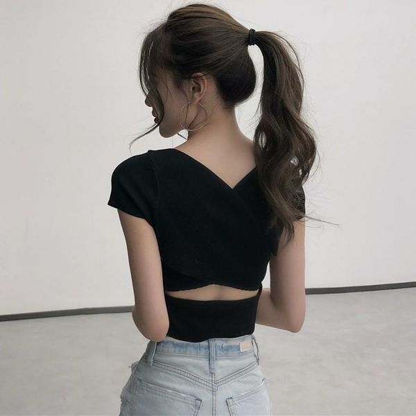 

women's t-shirt open back short navel sleeve top, White