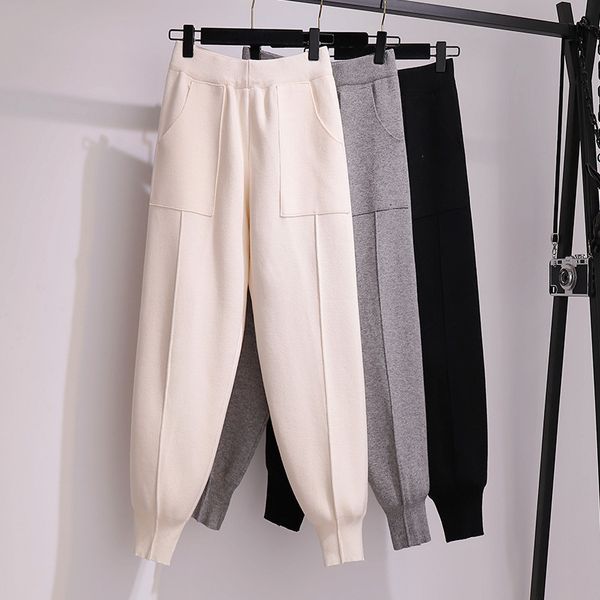 Pantaloni in maglia ispessita di lana autunno inverno da donna ravanello sciolto con vita alta caldo Harlan marea sudore donne 210420