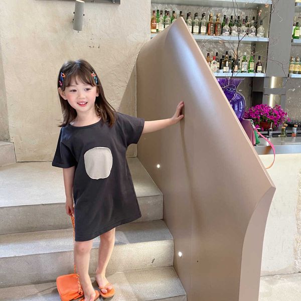 

girls round patchwork short sleeve t shirts children cotton loose long style 210615, Blue