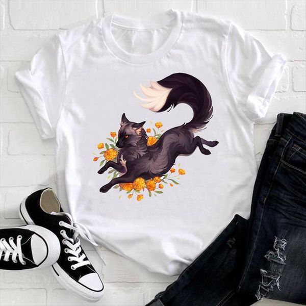 

short sleeve casual trend womens t shirt fox cartoon animal 90s cute printing clothes ladies graphic print tee female, White
