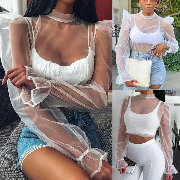 

long puff sleeve women shirt mesh sheer casual office party tee, White