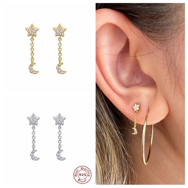 

dangle & chandelier gs 925 sterling silver crystal star moon pendant drop earrings for women small chain tassel fine jewelry gift