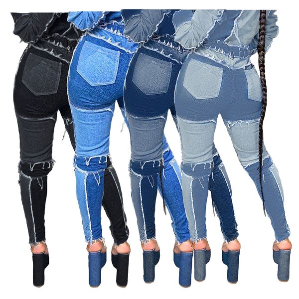 

style women patchwork denim pants retro jeans ripped pencil panelled trousers street skinny high waist lady jean pants, Blue