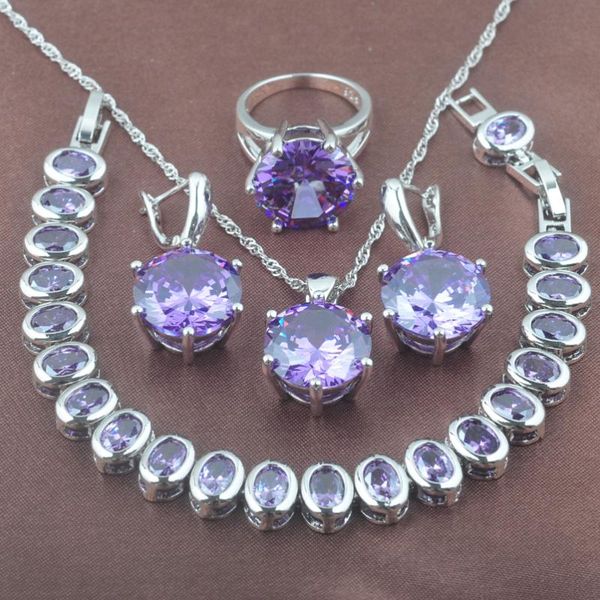 

wedding jewelry sets classic round purple crystal 925 sterling silver set accessories earring necklace pendant rings bracelet yz0108, Slivery;golden